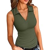 VICHYIE Womens Sleeveless Tank Tops Lapel Collared V Neck Slim Fitted Ribbed Knit Tight Polo Tops
