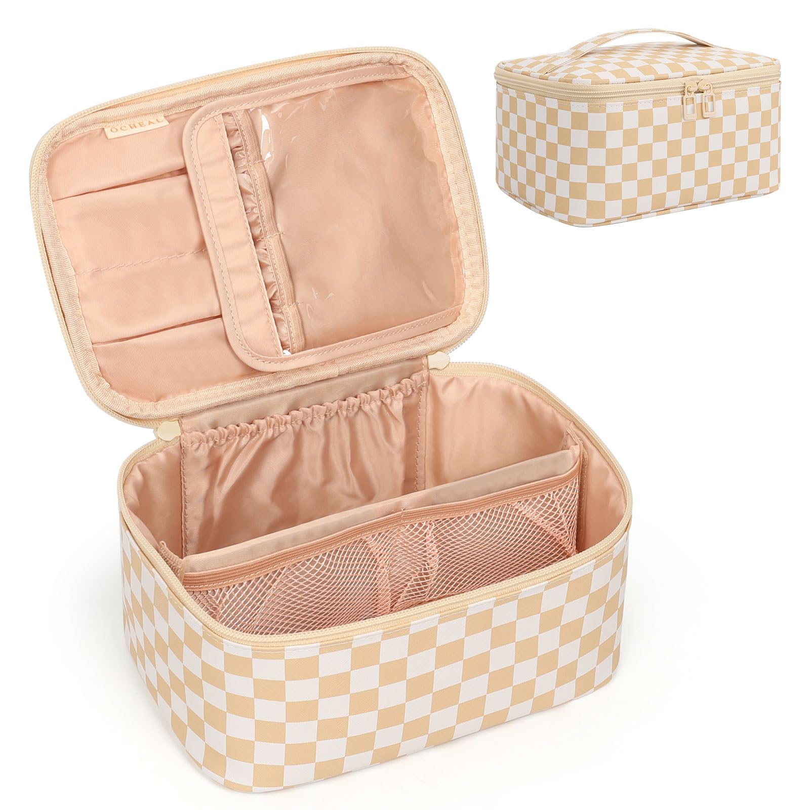 Photo 1 of OCHEAL Makeup Bag,Travel Makeup Organizer Case, Large Capacity Cosmetic Bags for Wome Travel Toiletry Bag for Girls Traveling With Brush Slot And Divider-Plaid Beige