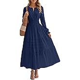 Simlakey Women's Fall Maxi Dress Long Sleeve V Neck A Line Tiered Flowy Ruffle Boho Dress for Wedding Guest Cocktail Party