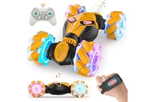 SAUFTTI RC Cars, Gesture Sensor Stunt Remote Control Car for Kids Age 6 7 8 9 10 11 12+ Years Old, 2.4GHz 4WD RC Double Sided Off Road Vehicle Toys with Lights Music, Gifts for Boys Girls Yellow