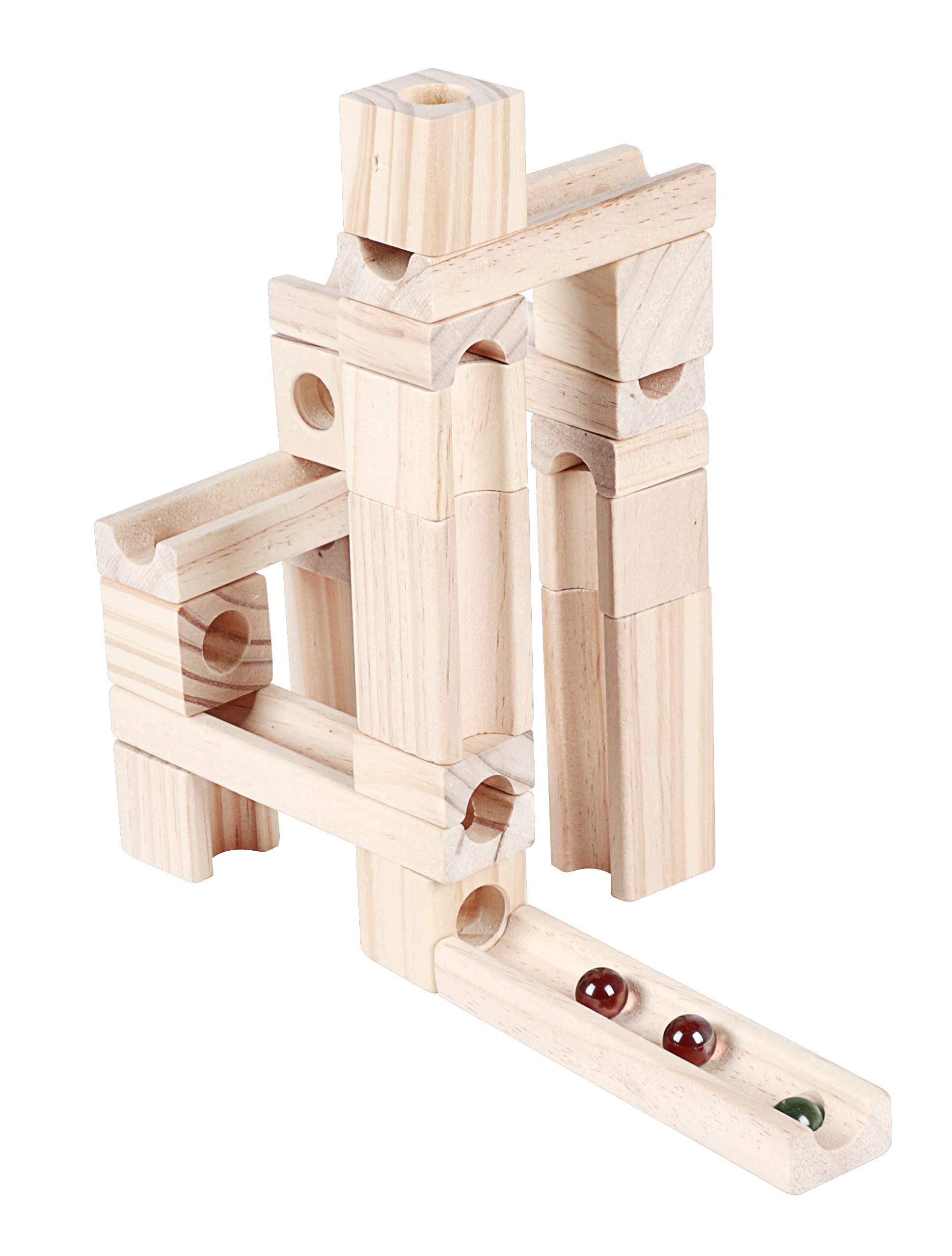 Wooden Marble Run STEM Learning Toys for Kids 4-8 | 60+ Expandable Building Blocks with Glass Marbles & Guide | Safe Birchwood Construction (ASTM Certified)