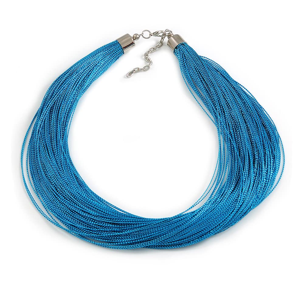 Avalaya Turquoise Blue Multistrand Silk Cord Necklace In Silver Tone - 50cm L/ 7cm Ext