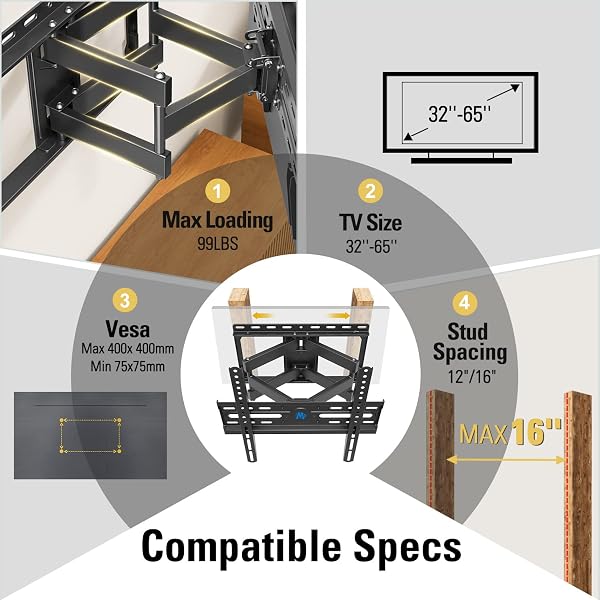 MOUNTING DREAM TV WALL MOUNT FOR 32-65 INCH TELEVISION,MOUNT WITH SWIVEL AND TILT, FULL MOTION BRACKET WITH ARTICULATING DUAL ARMS, FITS 16INCH STUDS, MAX VESA 400X400 MM, 99LBS, MD2380