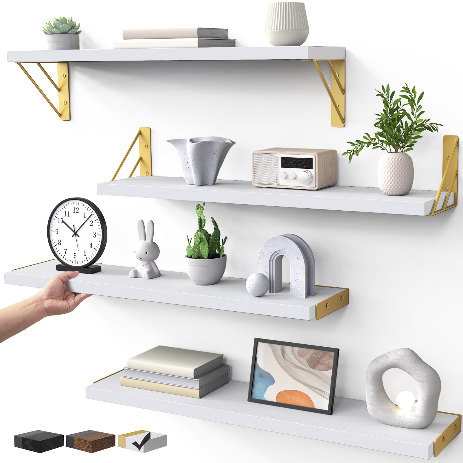 BAYKA Wall Shelves for Bedroom Decor, Floating Wall Shelf for Living Room Kitchen Storage, Mounted Rustic Wood Shelves for Kids Books, Corner Shelf for Bathroom(White and Gold，23in，Set of 4) Image