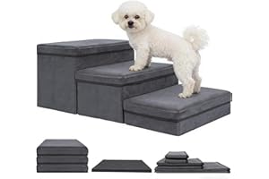 AKOZLIN Dog Stairs with Storage 3 Steps Foldable 3-in-1 Pet Stairs Extra Wide Pet Ramp Pet Ladder Pet Steps for Small to Larg