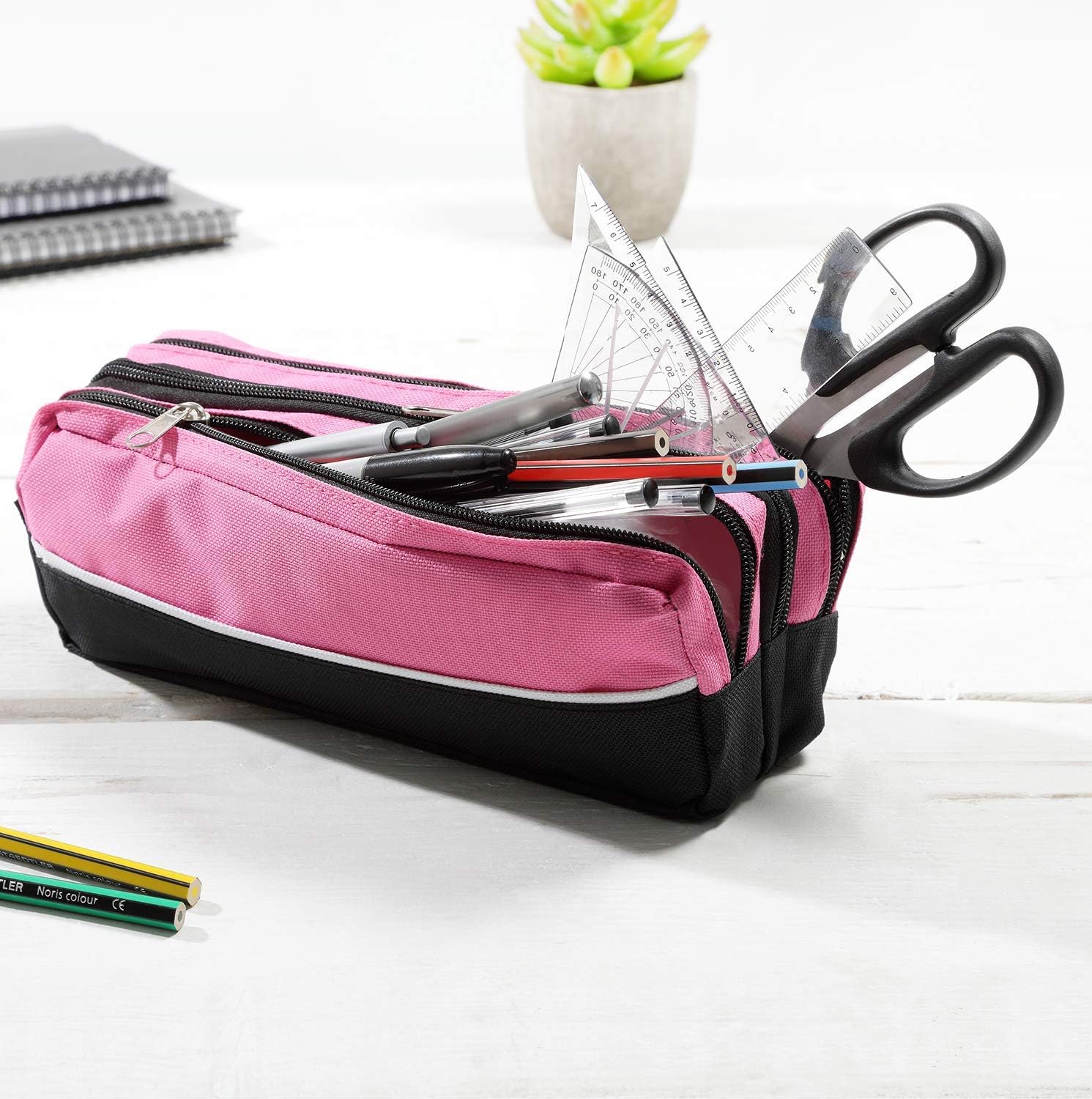 ARPAN Triple Zip Rectangular Large Fabric Pencil Case - School Make-Up (Pink), 25cm x 9cm x 8cm - Image 5