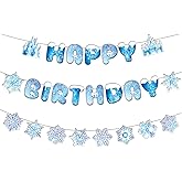 Neyeidru Snowflake Happy Birthday Banner - Blue Frozen Birthday Garland Bunting Hanging Decoration for Winter Wonderland Christmas Party Supplies