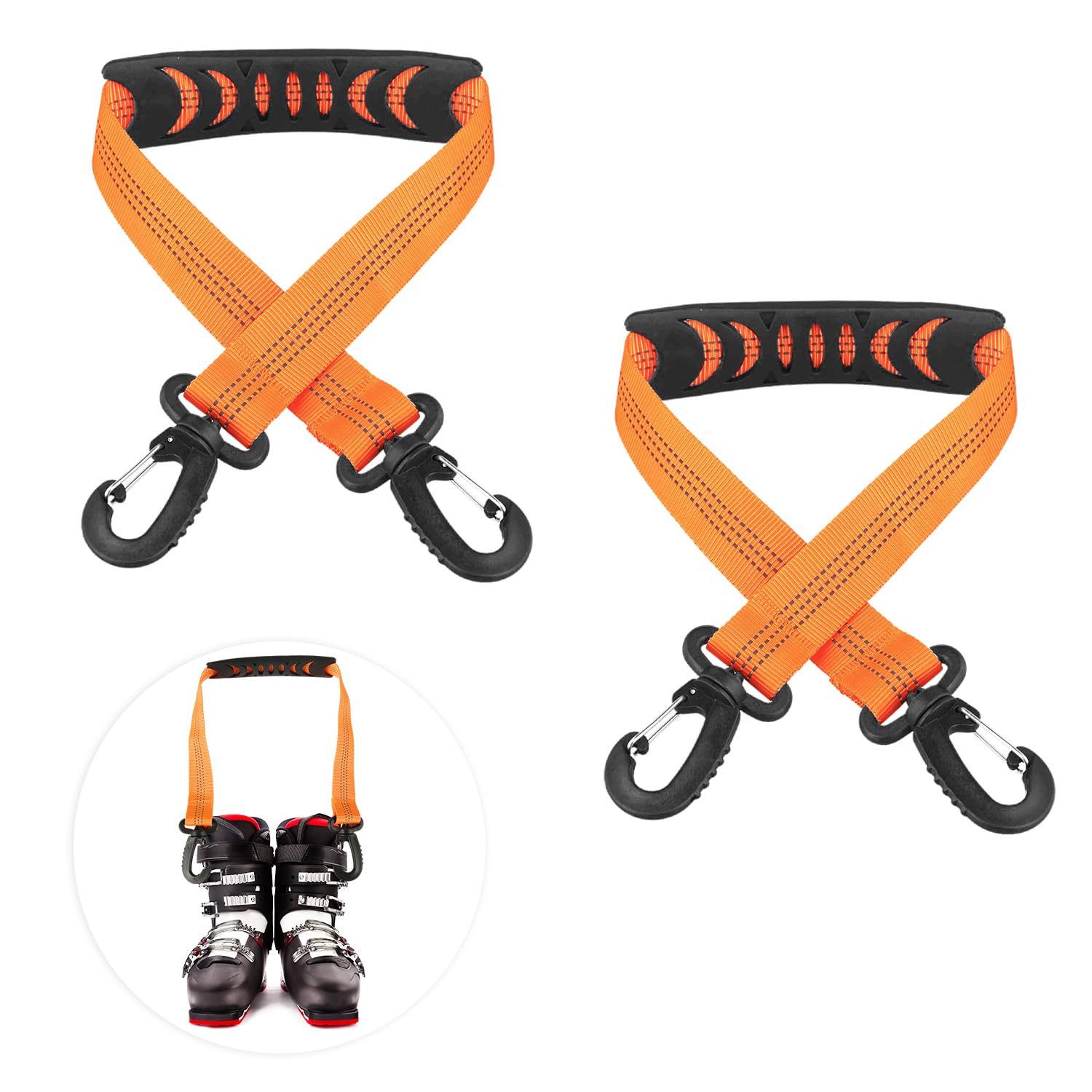 2pcs Ski and Boot Carrier Straps, 20.7x1 Inch Portable Ski Carrier Straps with Anti-Skid Pad and Double-Ended Buckles, Winter Ski Bag Shoulder Strap and Pole Carrier Accessories (Orange)