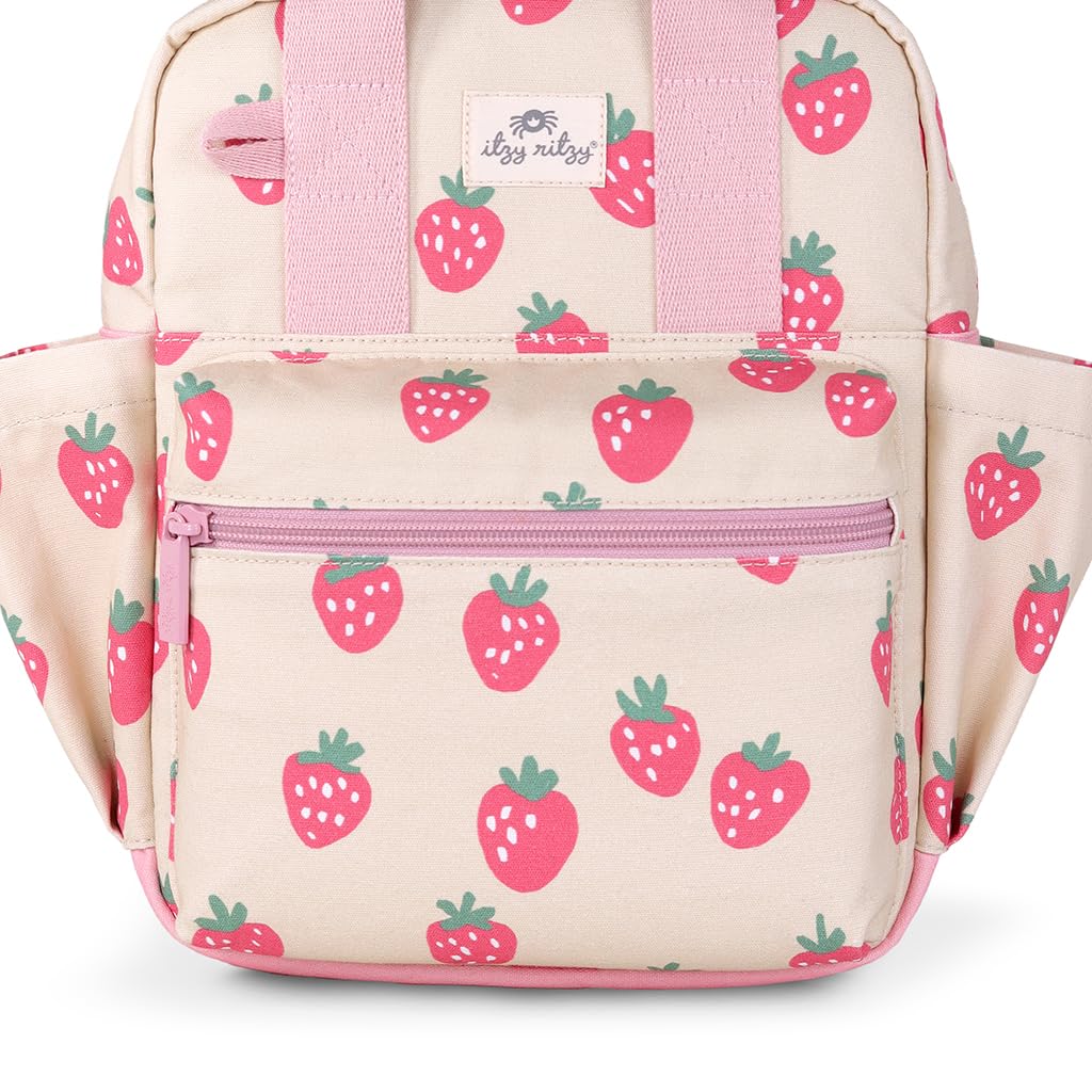 Itzy Ritzy Toddler Backpack - Daycare Bag - Features Adjustable Shoulder Straps, 2 Side Pockets & Spacious Interior with Wipeable Fabric Lining & Name Label, Strawberry Backpack