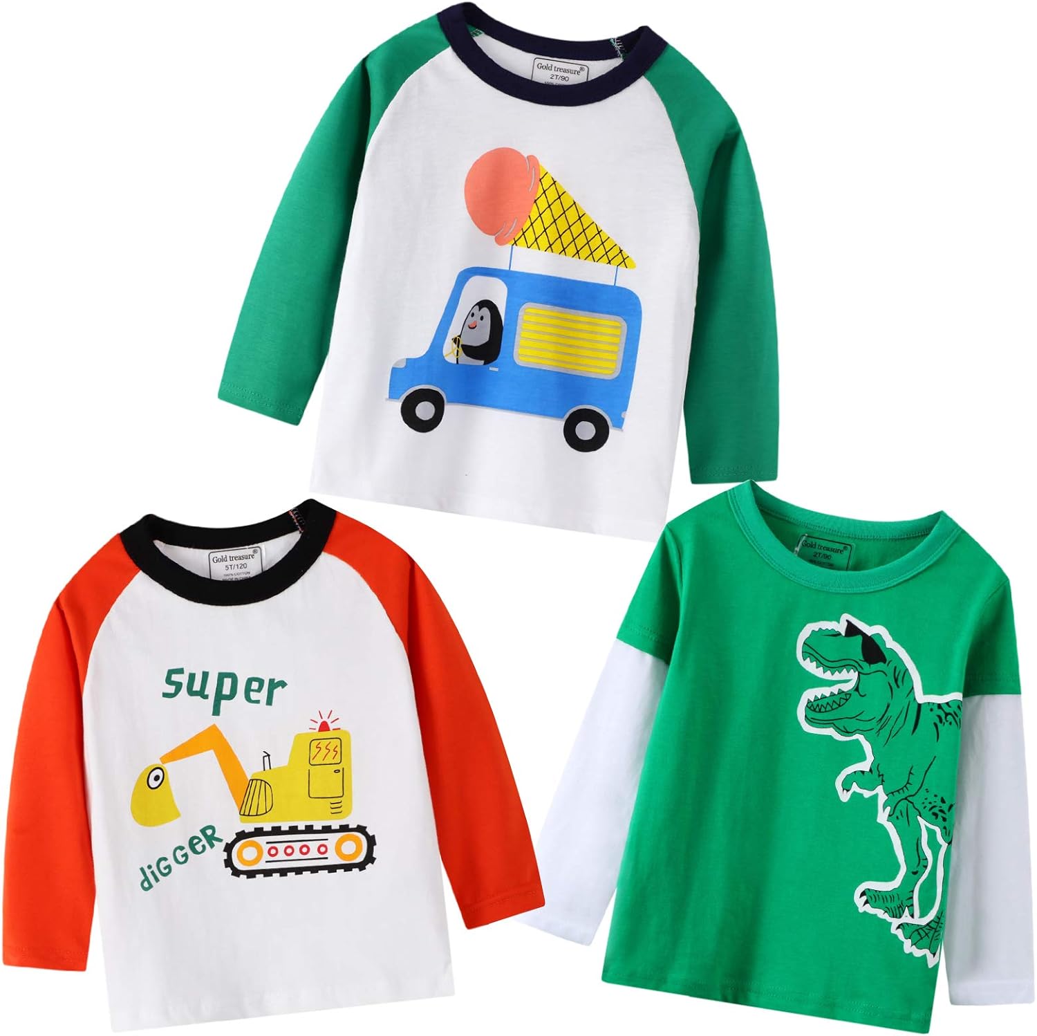 Boy Long Sleeve T-Shirts Clothes 3-Pack Crewneck Tops Dinosaurs Cars Graphic Tees Set: Clothing