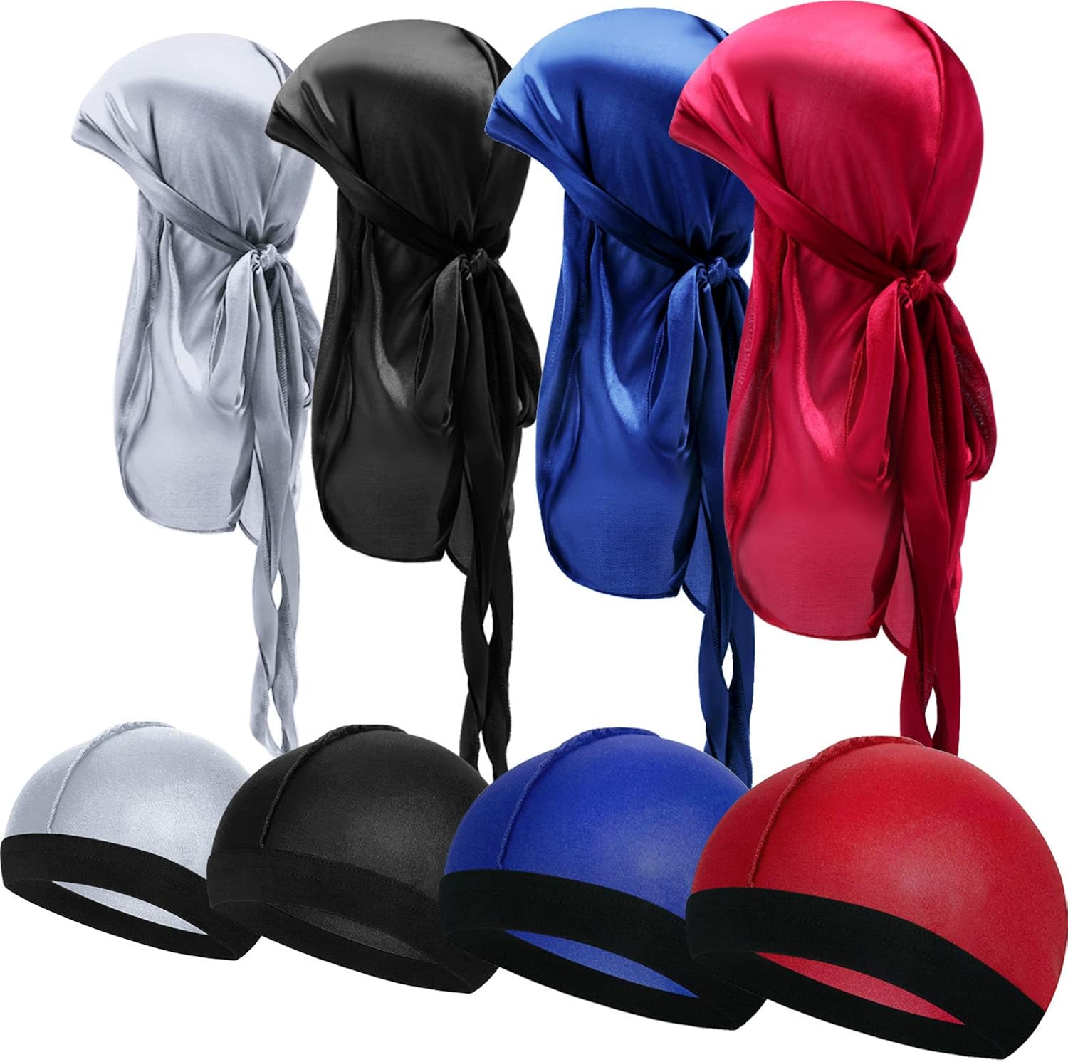 8 Pieces Silky Durag Caps Elastic Wave Cap Long Tail Headwraps Wide Straps Waves (Color 1): Clothing