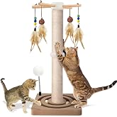 Cat Scratching Post, Sisal Scratcher with Enrichment Toys for Indoor Cats | 25 In Cat Tree Tower for Kittens, with 7 Interactive toys, 2 Mount Methods, Thickened Wood Base, Double Ball Track
