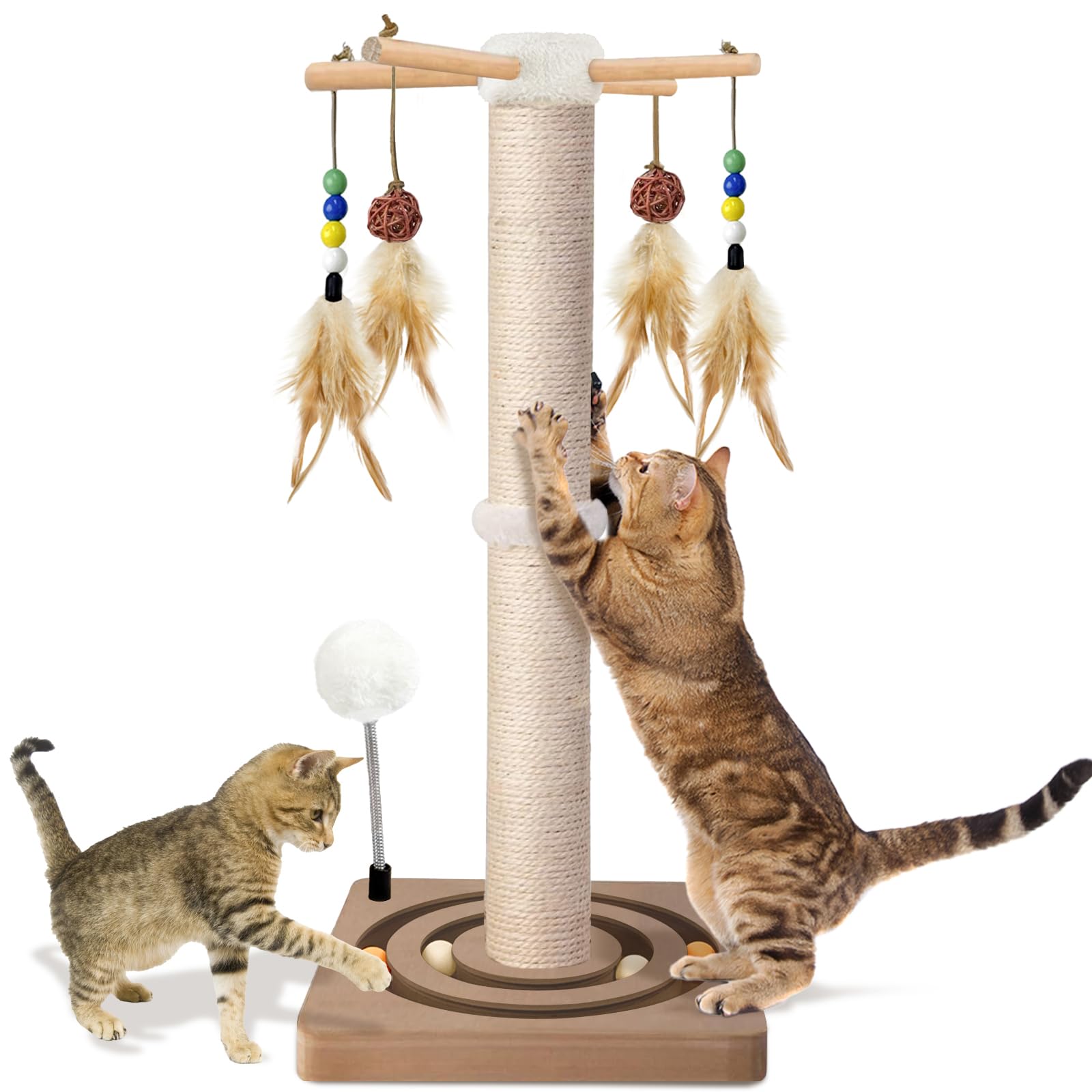 Photo 1 of Cat Scratching Post, Sisal, Interactive Furniture Toys for Indoor Cats Adults, 2 Mounting Methods Scratcher Tree Tower with Hanging and Ball Track, Activity Center for Kitten, 25 inches
