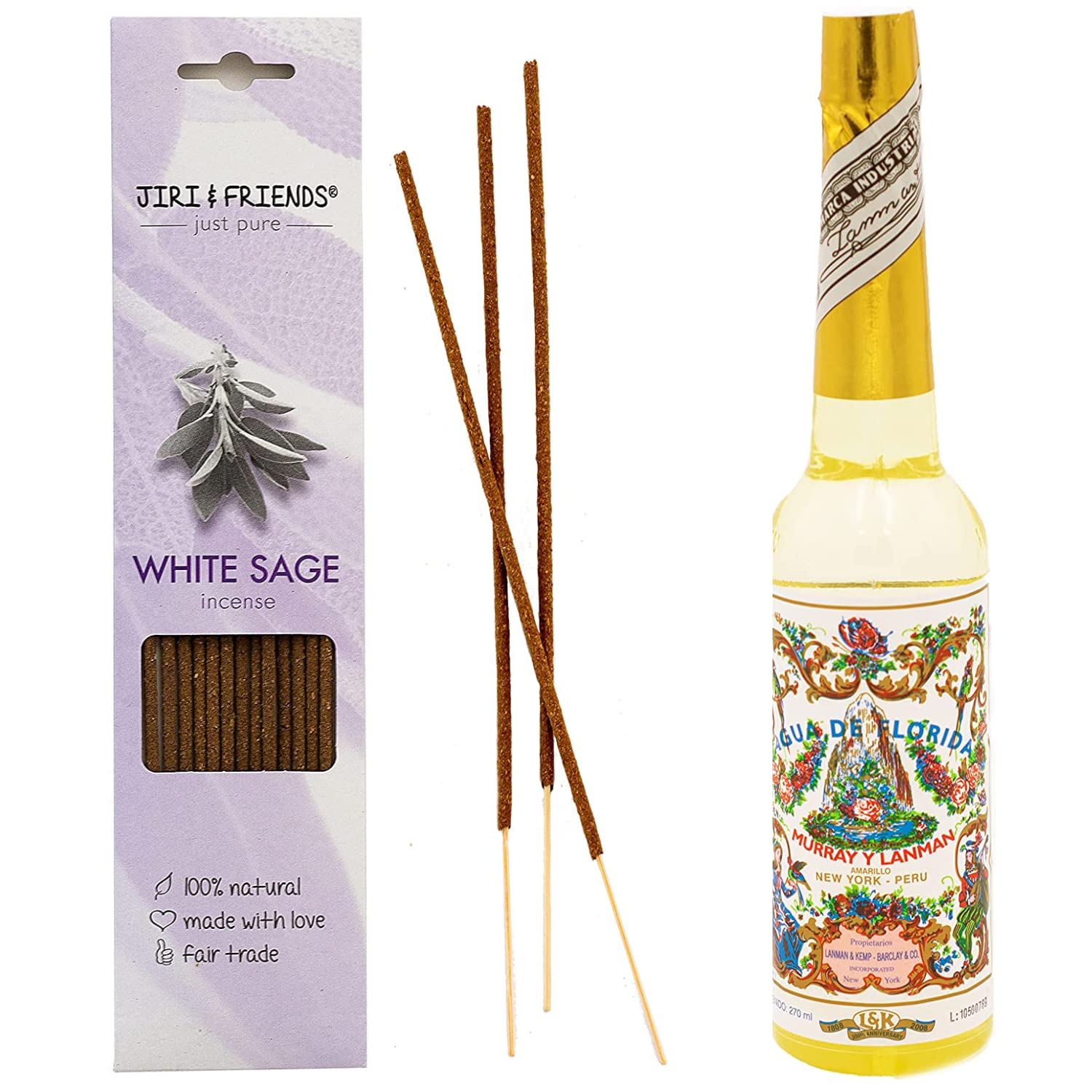 Jiri & Friends 1 Pack White Sage Incense Sticks 15 Pieces Natural Incense and Agua de Florida | Agua de Florida 270 ml - Sjaman Cleansing Spirit Water | 100% Natural