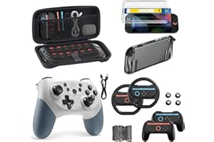BINBOK VR Switch 2 Accessories Bundle for Nintendo, 16 in 1 Kit: Carrying Case, Hall Effect Joystick Controller, Screen Protector with Auto-Alignment OneTouch, Steering Wheel, Grip for Joycon, Protective Case