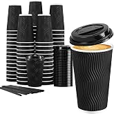 Lamosi 50 Pack 16 oz Coffee Cups with Lids, Disposable To Go Paper Cups | Insulated Corrugated Ripple Wall Hot Cups with Lids and Straw for Hot Drink, Office, Coffee Bars, Meetings and Travel(Black)