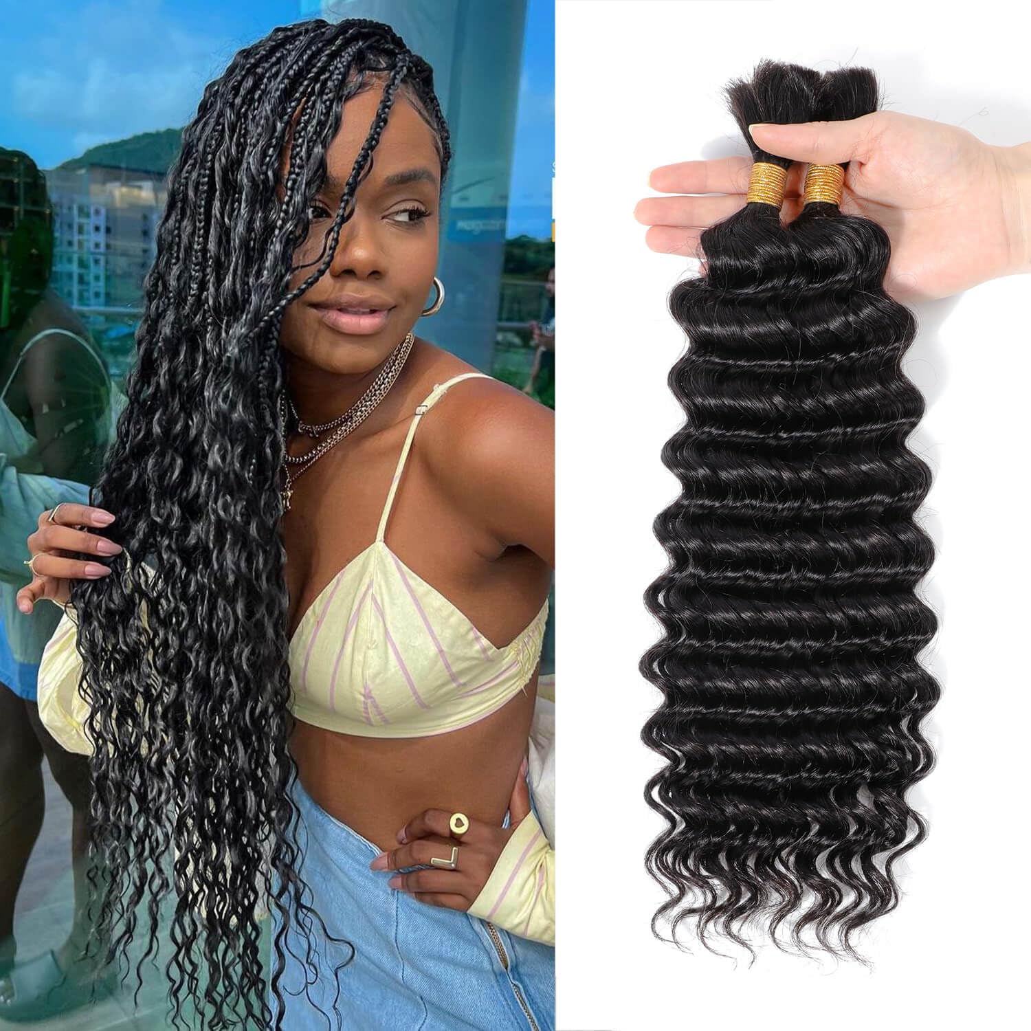 Flyroseing Boho Braids Human Hair extensions, Deep Wave Human Hair Bulk for Boho Knotless Locs Goddess Braids Extensions Hair 2 Bundles No Weft 100g (18 Inch, Natural Black) — image 1