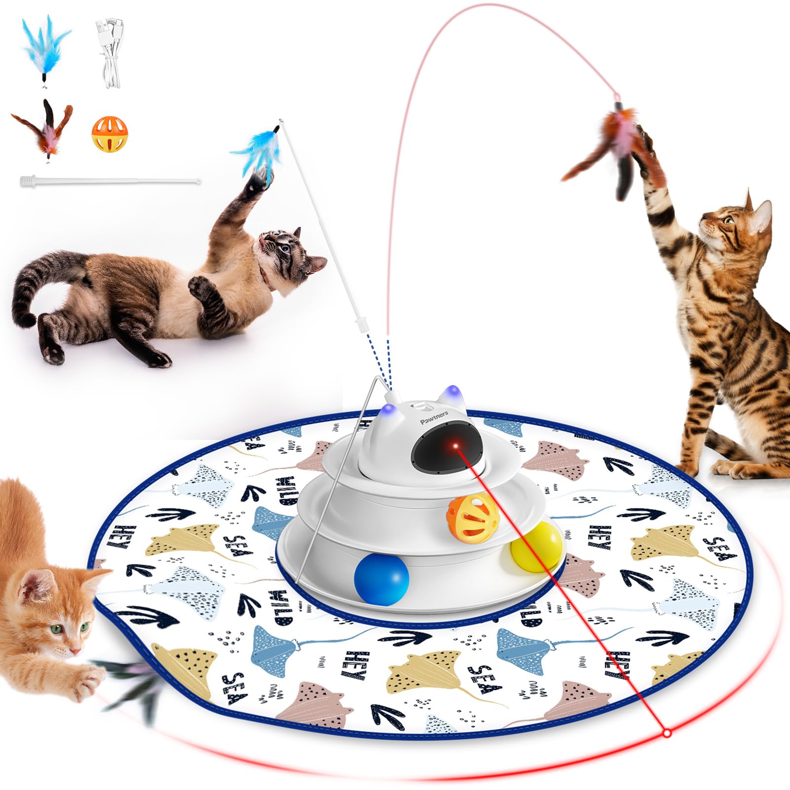 Photo 1 of (DOES NOT INCLUDE TOYS) ** MISSING POWER CORD Interactive Cat Toy: 5 in 1 Automatic Cat Toy for Indoor Cats, Rechargeable Hide and Seek Toy with PVC Cover, Battery Operated Kitten Laser Toy