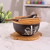 Urban Tokyo Japanese Kamameshi Style Ceramic Glazed Japanese Ramen Udon Pho Noodle Bowl With Spoon, Bamboo Lid, Chopsticks and Trivet 5 Piece Set (Asian Bamboo)