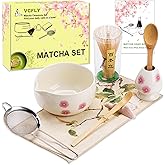 Matcha Whisk Set,8 Pcs Ceramic Matcha Set,Matcha Kit for Matcha Lovers,Tradition Tea Set Includes Bowl,Bamboo Whisk and Holder,Scoop,Sifter and Towel,Gift for Family and Friend (Cream)