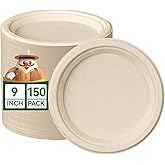 JOLLY CHEF 100% Compostable Paper Plates, 150 Pack 9 Inch Heavy Duty Plates, Disposable Biodegradable Eco-Friendly Sugarcane, Bulk Nature