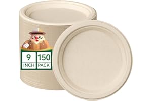 JOLLY CHEF 100% Compostable Paper Plates, 150 Pack 9 Inch Heavy Duty Plates, Disposable Biodegradable Eco-Friendly Sugarcane, Bulk Nature