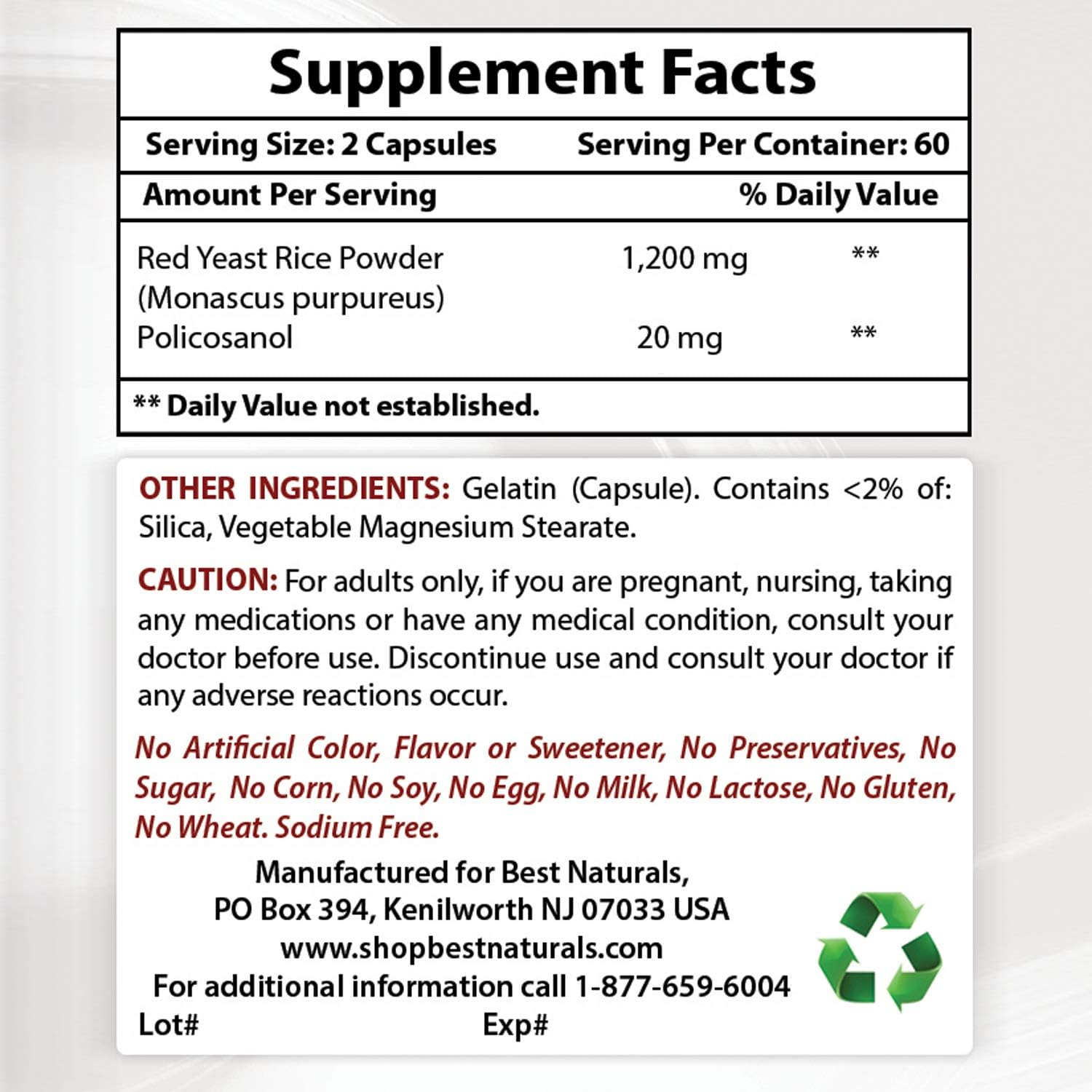 Red Yeast Rice 600 mg with Policosanol 10 mg 120 Capsules by Best Naturals: Health & Personal Care