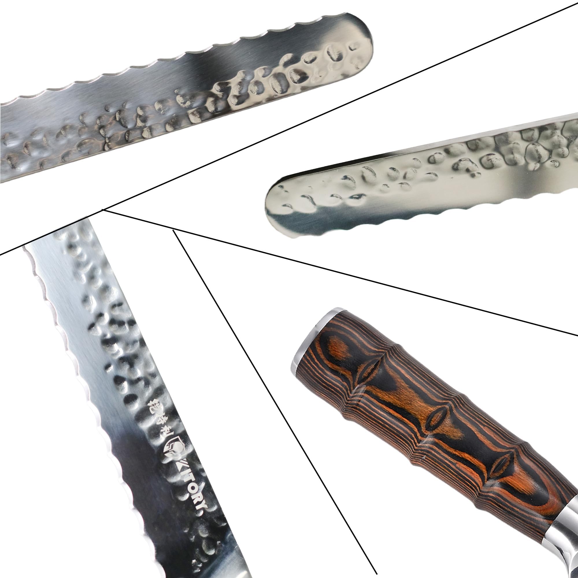 Kitory Profi Brotmesser 25,5 cm mit Wellenschliff aus hochwertigem rostfreiem Edelstahl, Extra Scharfe Klinge, Ergonomischer Griff, Gehämmertes Klingendesign 6
