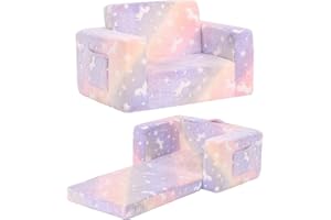 Givjoy Toddler Chair Kids Couch, 2-in-1 Toddler Soft Sherpa Couch Fold Out Armchair with Removable Cover, Convertible Reading Chair Sofa for Kid, Glow in The Dark Purple Horse