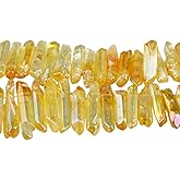 TUMBEELLUWA Rock Quartz Crystal Points Loose Beads for Jewelry Making, Titanium Coated Polished/Raw Quartz Beads 15 Inches Top Drilled,Yellow Crystal Points(0.5"-1.6")
