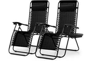 OS MOTOR Zero Gravity Chairs, Portable Folding Reclining Lounge Chairs with Adjustable Pillow and Cup Holder Trays for Outdoor, Patio, Beach, Camping, Garden, Poolside, Set of 2 Black