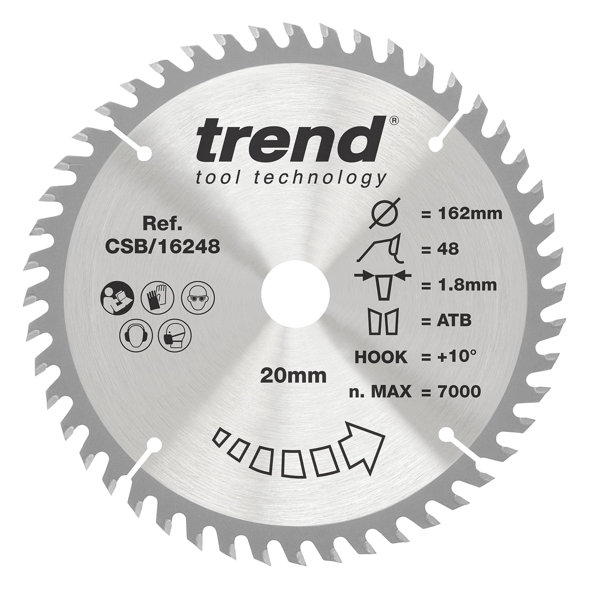 Trend Wood Cordless Circular Saw Blade, 162mm Diameter, 20mm Bore, 48 Teeth, 1.8mm Kerf, +10° Hook, TCT, Fine Finish, CSB/16248