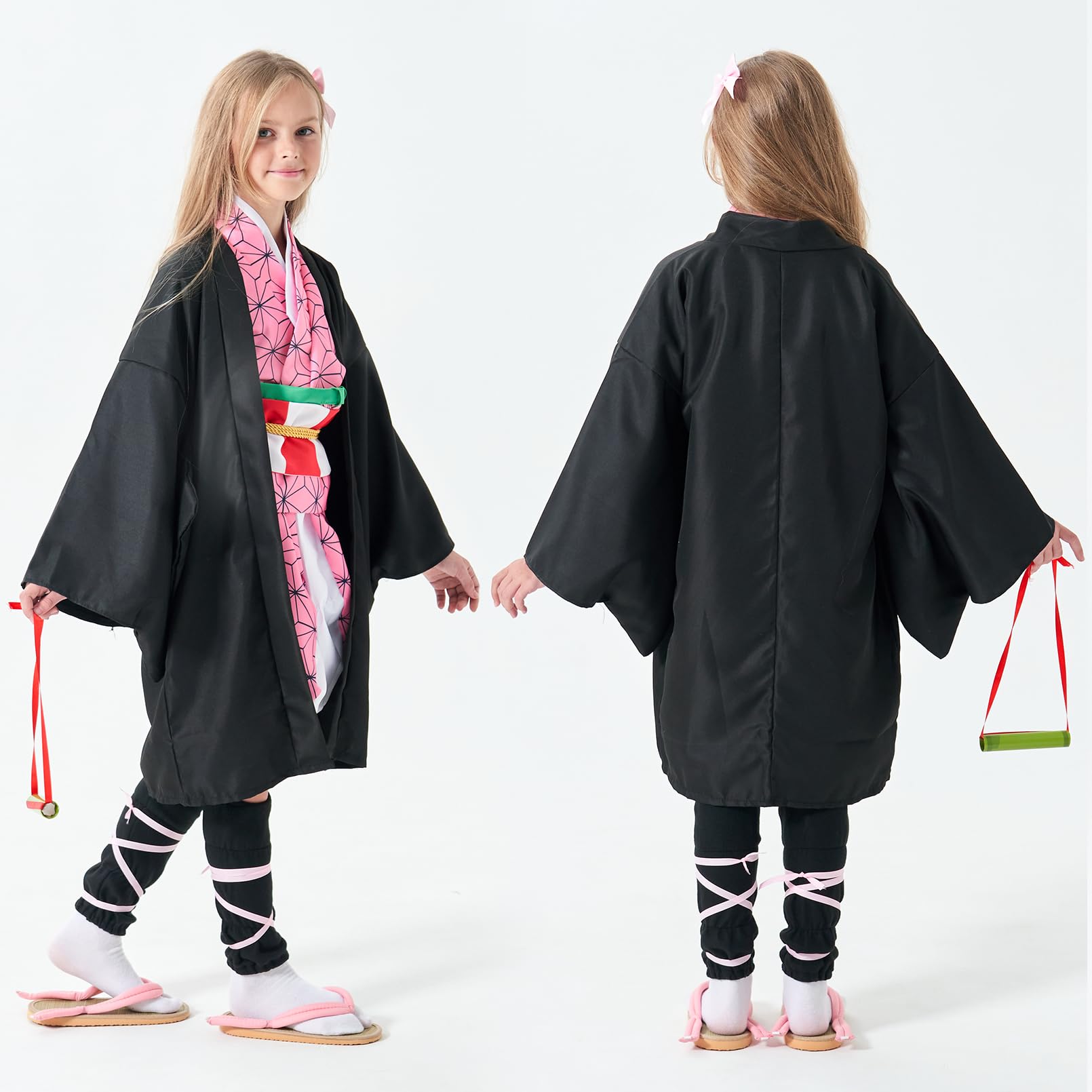 Nezuko Cosplay Kostüm Für Kinder & Erwachsene – 11-teiliges Anime-Outfit Mit Perücke – Rosa Kimono – Halloween & Party – Gr. Kids 150cm