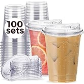100 Pack 16 oz Clear Plastic Cups with Strawless-Sip-Lids, Disposable Cups Plastic Iced Coffee Cups, To Go Cups with Sip Through Lids for Smoothie, Milkshake, Cold Drinks for Party, Wedding, Event