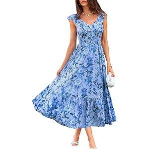 GRACE KARIN Women's Summer Floral Maxi Wedding Guest Dresses | Flowy a Line Long Dress,Ruffle Sleeve Smocked Sundress with Po