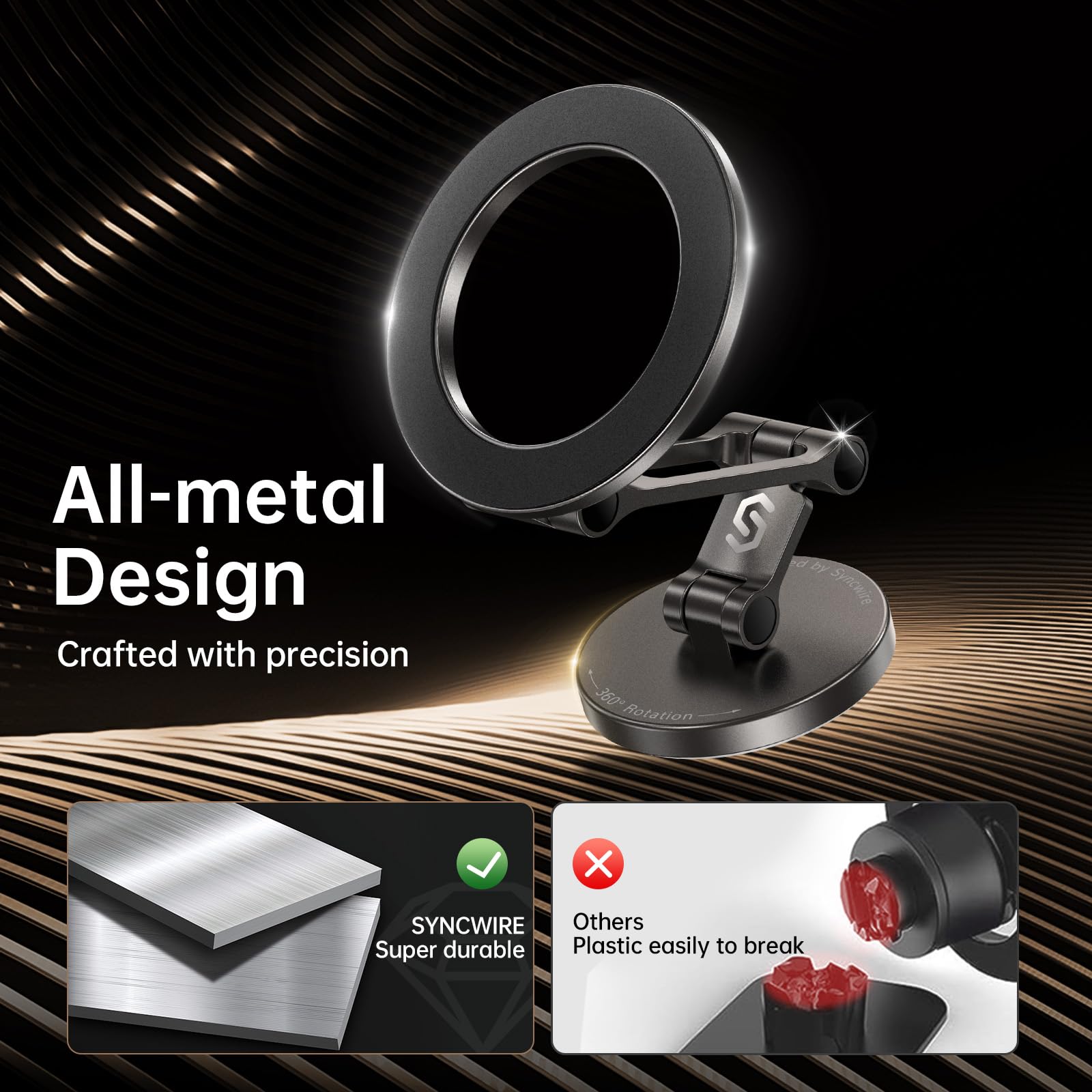 Syncwire Fits MagSafe Car Mount for Car Dash&Tesla Screen[All-Metal] Magnetic Phone Holder, [Flexible Three-axis]360° Rotation Car Mount Strong Magnets Car Phone Holder for iPhone 17 16 15 14 Pro Max