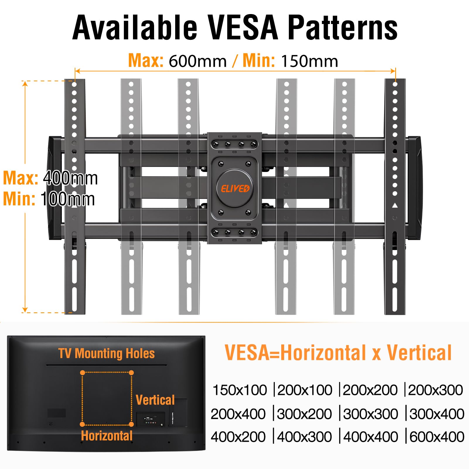 ELIVED TV Wall Mount for Most 37-82 inch tvs, Full Motion TV Mount Swivel and Tilt, Wall Mount Bracket Max VESA 600x400mm, Holds up to 132 lbs, Fits 8” 12” 16