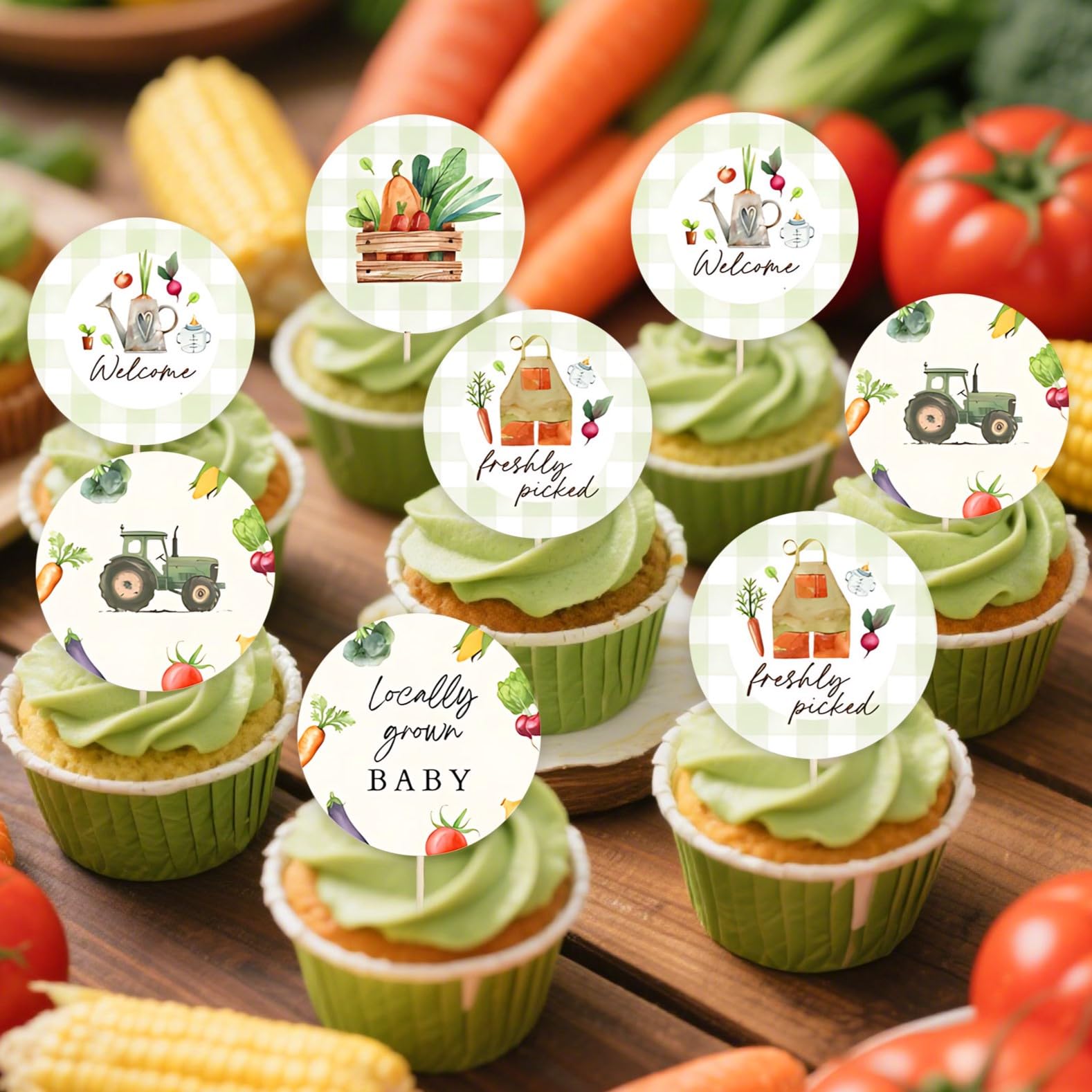 Photo 1 of ****** 16/25 *******  25 PCS Locally Grown Cupcake Toppers Baby Shower Decor Vegetables Fruit Themed Cupcake Cake Decorations Farmers Market Gender Reveal Party Supplies