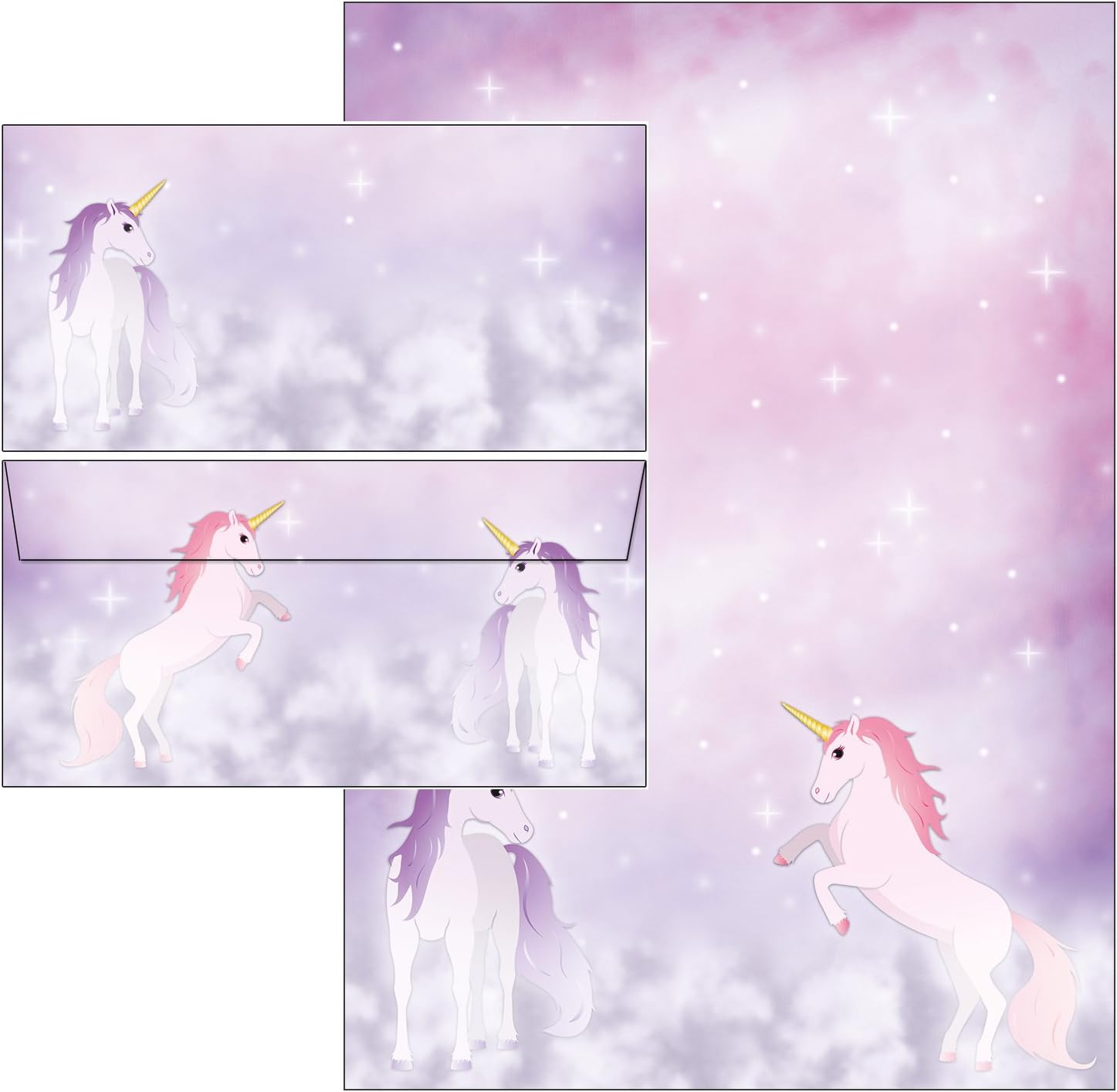 Writing Paper Folder – Magic Unicorn – Set – Letter Paper + Envelopes DIN Long without Window (25 Sheets of Writing Paper + 20 Envelopes with Folder)