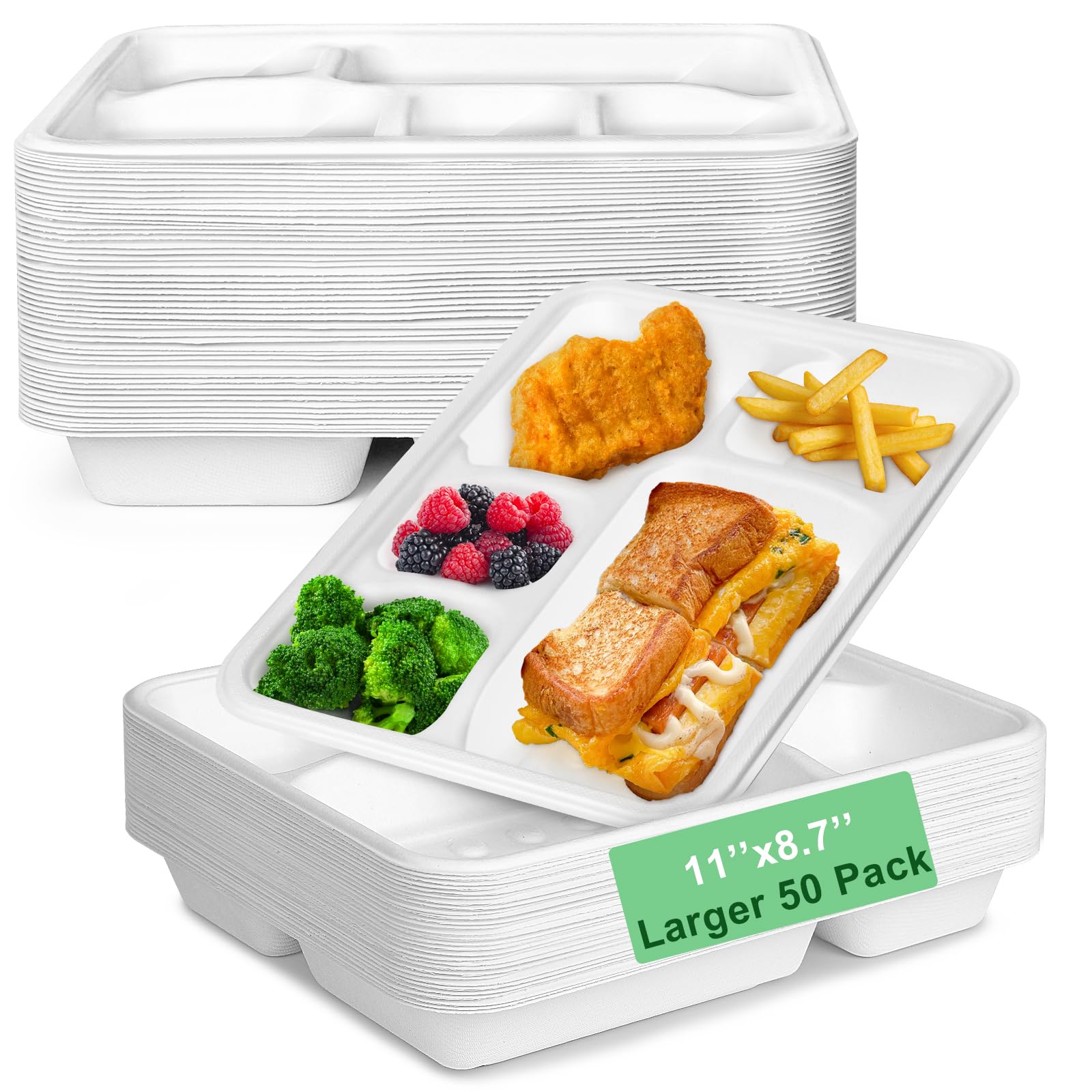 Photo 1 of Qi Boo Compostable 5 Compartment Paper Plates Disposable, 11 * 8.6 inch, [50-Pack] Heavy Duty Plates with Deep Dividers, Sturdy School Lunch Trays, White Large Paper Dinner Plates for Buffet Party