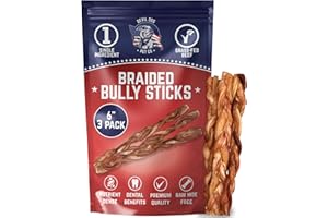 Devil Dog Pet Co Premium Bully Sticks for Dogs Pizzle Dog Chews - from 100% Grass-Fed, Free-Range Cattle - USA Veteran Owned (Braided, 6 Inch - 3 Pack)
