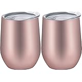 Skylety 12 oz Double-insulated Stemless Glass, Stainless Steel Tumbler Cup with Lids for Wine, Coffee, Drinks, Champagne, Cocktails, 2 Sets (Rose Gold)