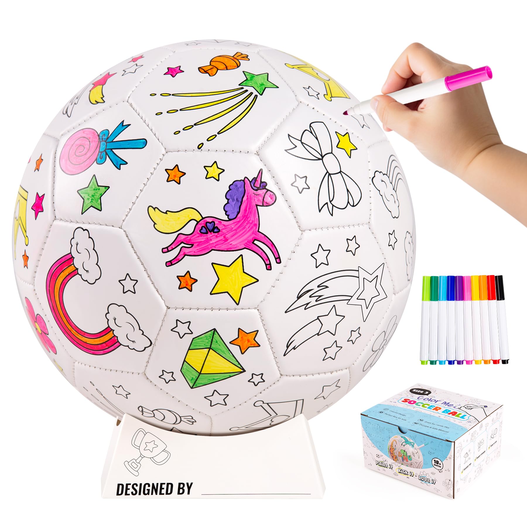 U&C Planet Customizable Size 3 Football Colouring Football for Kids Ages 3-8, Includes 10 Washable Markers, Ball Stand & Pump, Durable PVC, Indoor & Outdoor Play, Creative Gift Idea