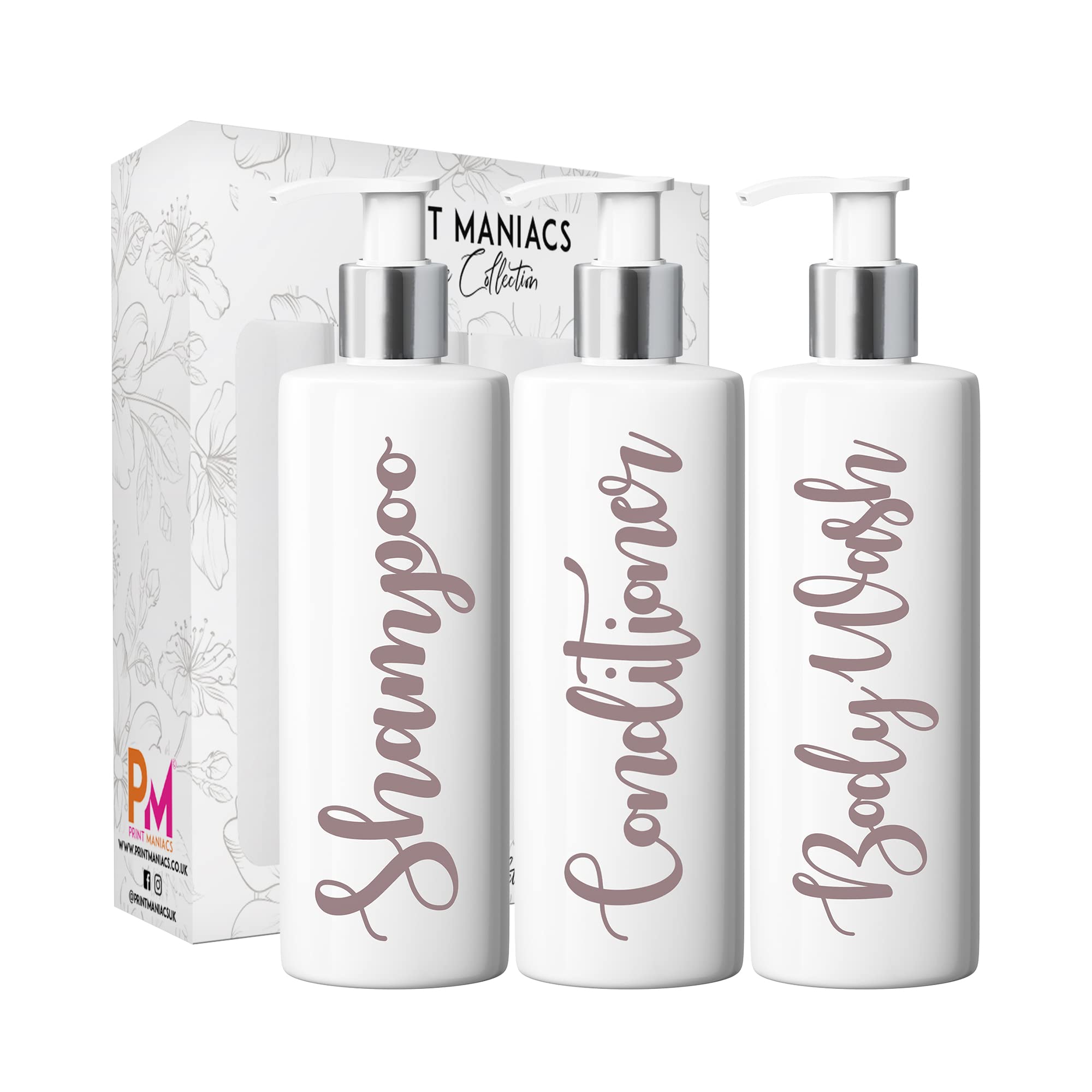 Print Maniacs 3 Set Mrs Hinch Inspired White Personalised Dispenser Pump Bottles Shampoo Conditioner Body Wash (Matt Rose Gold)