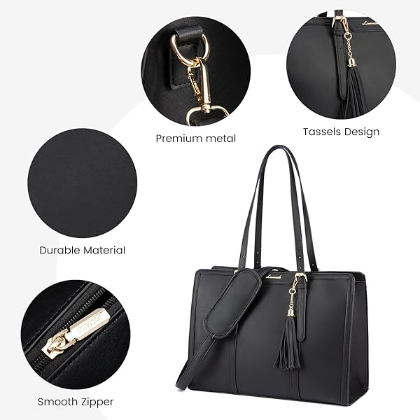 LOVEVOOK LAPTOP BAG FOR WOMEN 17.3 INCH LIGHTWEIGHT PU LAPTOP TOTE BAG, LARGE CAPACITY COMPUTER BAG WITH CLUTCH PURSE FOR BUSINESS, WORK, OFFICE, TRAVEL, SCHOOL, CASUAL(BLACK & LEATHER)