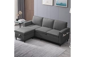 PUREMIND 78 Inches Convertible Sectional Sofa, Linen L-Shaped Sofa Couch with Reversible Storage Ottoman, Wooden Legs, 3-Seat Sectional Couches for Small Space, Apartment, Office (Dark Grey)