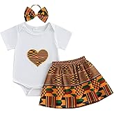 Yxniwxe Toddler Baby Girl Dashiki Ankara Clothes Short Sleeve Heart Embroidery Romper Elastic Waist African Skirt Set 3Pcs