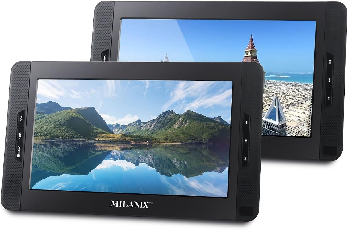 Milanix 10" Portable Dual Screen DVD Player System For Car With Built In 5 Hour Rechargeable Battery, SD/MMC & USB Input (Plays One or Two Different Movie DVDs at The Same Time) MX102 with Card Reader