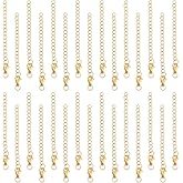 UNICRAFTALE 30Pcs Real 18K Gold Plated Extender End Chain Stainless Steel 60mm Curb Chain Extender Chains with Lobster Clasps Open Jump Ring Extension for Jewelry Making Necklaces Bracelet Anklets