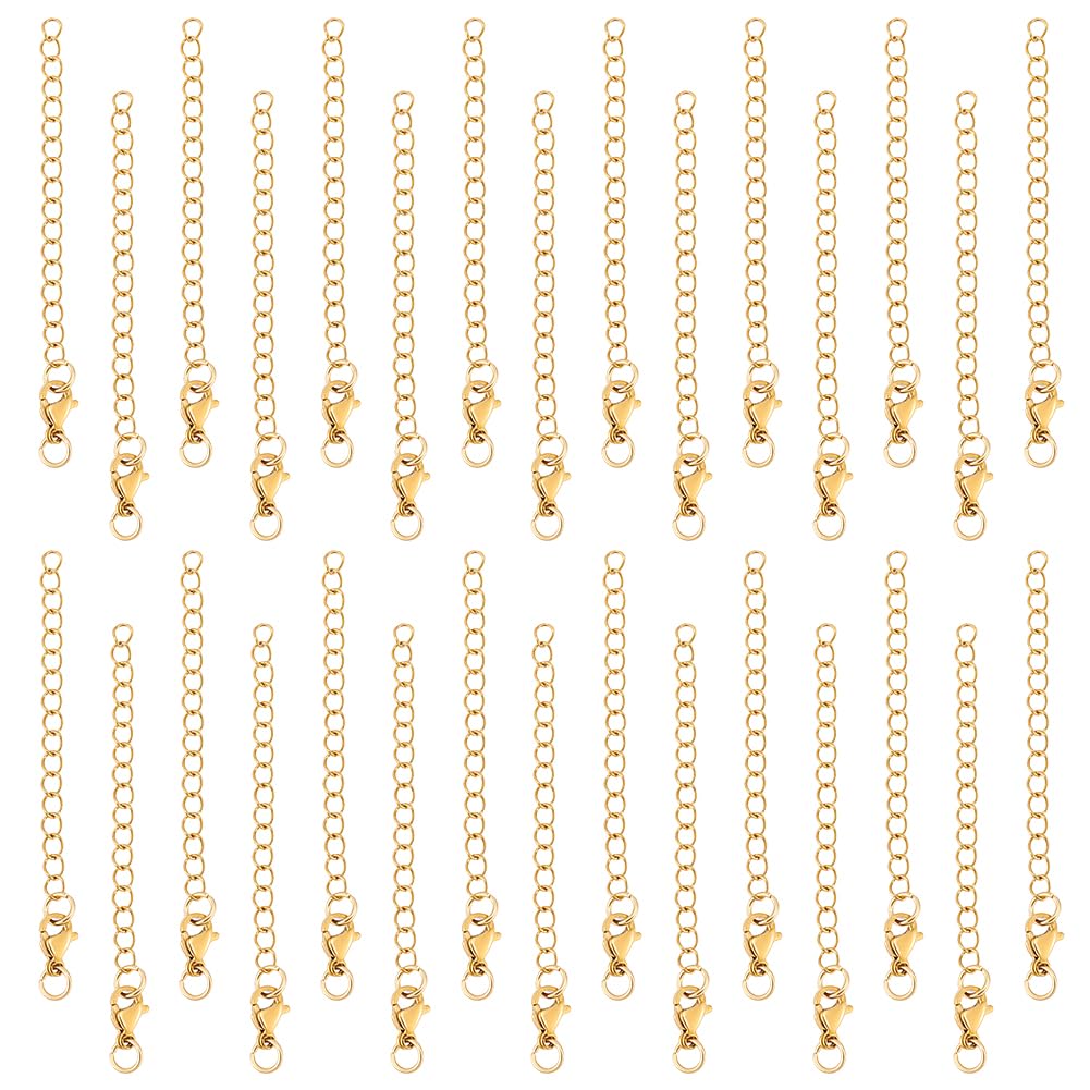 UNICRAFTALE 30Pcs 60mm Real 18K Gold Plated Extender End Chain Stainless Steel Curb Chain Extender Chains with Lobster Clasps Open Jump Ring Extension for Summer Gifts Jewelry Making Necklaces